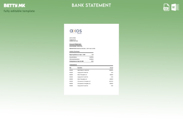 Модерен стил на шаблон за зборови за извод од сметката на банката Аксос во САД